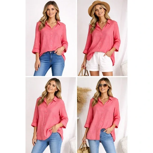 Chicos 100% Linen Tunic Top Red Orange Button Front Long Sleeve Size 2 L NEW - Picture 13 of 13